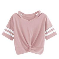 Meikosks Women's Round Neck Crop Tops Knotted Short T-Shirt Ladies Short Sleeve Blouses Pink
