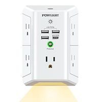 Outlet Extender with Night Light, USB Wall Charger, POWLIGHT 5-Outlet Surge Protector Power Strip with 4 USB Ports, 1680 Joules Multi Plug Outlet with Spaced Outlets for Home, Office, White