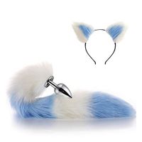 2Pcs Furry Wolf Tail & Headband Ears SetParty Toys Role Play B-ü-t-t P-l-ǔ-g Tail+ Ears Headband(Blue White)-L