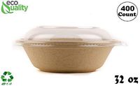 400 Count - EcoQuality 32oz Round Disposable Bowls with Dome Lids Natural Sugarcane Bagasse Bamboo Fibers Sturdy Compostable Eco Friendly Environmental Paper Plastic Bowl Alternative Tree Free