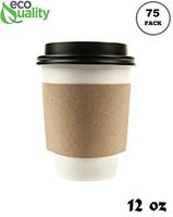 75 Pack - 12 oz Disposable White Paper Coffee Cups with Black Dome Lids and Protective Corrugated Cup Sleeves - Perfect Disposable Travel Mug for Home, Office, Coffee Shop, Travel, Tea