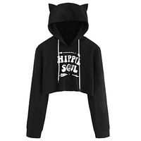 VEZARON Women's Cat Print Long Sleeve Crop Top Sweatshirt Hoodies Drawstring Pullover Tops Blouse for Winter Autumn S-2XL