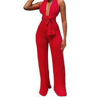 TOPUNDER Women Summer Sexy Strap V Neck Solid Waistband Lace-up Long Pants Jumpsuits Red