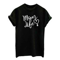 Eoeth MOM Life Letter Print Short Sleeve Tees Tops Blouse Women Funny Graphic Heart Printed T-Shirt Cute Pullover Shirts Black