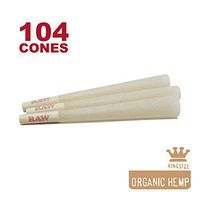 RAW 104 Organic King Size Hemp Cones - W Gallery Box - 109mm Pre Rolled Cones, 26mm Filter Tips, Pure Natural Unbleached Unrefined Rolling Papers, Bulk Pack Bundle, Compare Elements 110mm KS