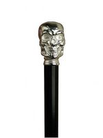 Walking Cane Skull, this walking stick cane has a metal handle with chrome finish, Hardwood shaft. This walking aid has a a weight capacity of 250 pounds and 36 inches long of height.
