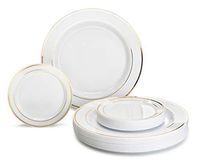 " OCCASIONS" 240 Plates Pack, Heavyweight Premium Disposable Plastic Plates Set 120 x 10.5'' Dinner + 120 x 6.25'' Dessert/Cake Plates (White & Gold Rim)