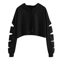 HNTDG Womens Casual Cropped Cut Out Long Sleeve Sweatshirt Jumper Pullover Solid Color Blouse Black