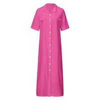 HNTDG Women's Fashion Casual Half Sleeve Solid Button Down Linen Loose Shirt Maxi Long Dress Hot Pink