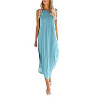 COOKI Women Dresses Casual Loose Sleeveless Oversized Split Maxi Dress Summer Beach Long Dress Plus Size Dress Blue