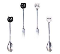 Cute Cat Coffee Spoon and Fork Set,Ceramic Stainless Steel Cat Dessert spoon Drink Spoons Fruit Fork,5.6-Inch,Black&White Available,Set of 4 (Black Spoon+White Spoon+Black Fork+White Fork)