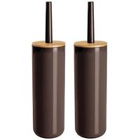 mDesign Compact Freestanding Plastic Toilet Bowl Brush and Holder for Bathroom Storage - Plastic and Bamboo - Sturdy, Deep Cleaning - 2 Pack - Brown/Natural Wood Finish