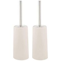 mDesign Modern Compact Freestanding Plastic Toilet Bowl Brush and Holder for Bathroom Storage, Decorative Steel Handle and Lid, Sturdy, Deep Cleaning - 2 Pack - Cream/Brushed