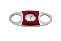 DOS CABALLOS CIGARS RED WOOD VEE HANDLE STAINLESS STEEL CIGAR CUTTER WITH SELF SHARPENING BLADES.
