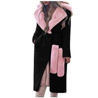 Alangbudu Women Thicken Fluffy Plush Collar Overcoat Belted Cardigan Long Sleeve A Line Windbreaker Tops Long Outwear Black
