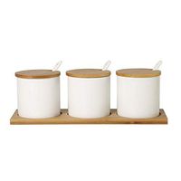 wuchenmin Spice Jar Set,Exquisite Workmanship Sugar Bowls with Lid, Spoonbamboo and Board,Suitable for Home Cooking,Restaurant,Three Piece,White