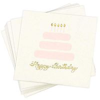 100 Pack Happy Birthday Napkins, 3-ply Gold Foil Disposable Cocktail Paper Napkins, Folded 5 x 5 Inches, Pink and White Cake Design
