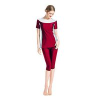 Gojendy Women Splicing Bathing Suit for Muslim Short Sleeves T Shirt Top Swimsuit (M, Red)