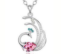 Fashion Womens Peacock Pink Crystal Rhinestone Silver Chain Pendant Necklace - Prom Woman Stylish For gift Simple Lovely Cheap Jewerly Fashionable Beads