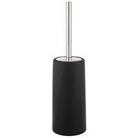 mDesign Modern Compact Freestanding Plastic Toilet Bowl Brush and Holder for Bathroom Storage, Decorative Steel Handle and Lid, Sturdy, Deep Cleaning - Black/Brushed