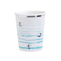 Fire and Creme Surf Foiled Paper Party Cups White Silver Blue Watercolor 9 ounce - Pack of 8
