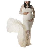 Haxikocty Autumn Women Lace Long Sleeve Maternity Pregnants Photography Props Solid Maxi Dress White