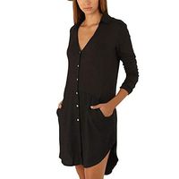 SADUORHAPPY Women Long Sleeve Pocket Shirt Dress V Neck Casual Loose Tunic Top Versatile Blouses Black