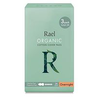 Rael Certified Organic Cotton Menstrual Overnight Pads, Thin Natural Sanitary Napkins with Wings (24 Total), Pack of 3