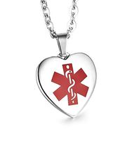 JF.JEWELRY Stainless Steel Heart-Shaped Medical Alert ID Necklace for Women Custom Engraving, 20 inches-Silver