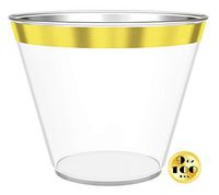 JL Prime 100 Gold Plastic Cups, 9 Oz Heavy Duty Reusable Disposable Gold Rim Clear Plastic Cups, Old Fashioned Tumblers, Hard Plastic Drinking Cups for Party and Wedding