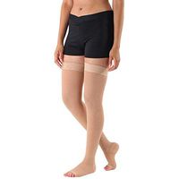 Made in The USA Absolute Support Thigh High Compression Stockings 20-30mmHg, Open Toe - Silicone Border, Beige Medium