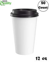 Medium 12oz White Paper Coffee Cups with Black Lids - (50 Count) by EcoQuality - Disposable Paper Coffee Cups - Hot Drink, Tea, Coffee, Cappuccino, Hot Chocolate, Chai, Chai Latte, Office,Travel