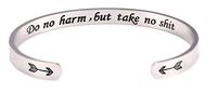 fishhook Personalized Engraved Inspirational Motivational Mantra Quote Arrow Heart Stainless Steel Cuff Bangle Bracelet for Women Girls (Silver, do no harm, but take no Shit)