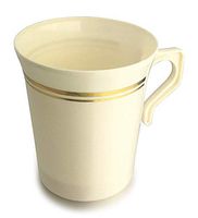 OCCASIONS 40 PACK, Heavyweight Disposable Wedding Party Plastic 8 oz Coffee Mugs Gold Trim/Tea Cups/Cappuccino Cups/Espresso Cup with Handles (8 oz Coffee, Ivory/Gold Rim) …