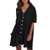 JQjian Women Solid Loose V-Neck Ladies Fashion Casual Half Sleeve Summer Button Pocket Mini Dress (XL, Black)
