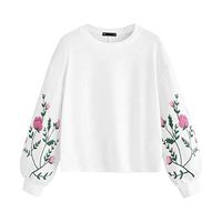 Anxinke Women O-Neck Long Sleeve Botanical Floral Print Sleeve Pullovers Sweatshirt Top(White,S)