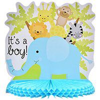 It's A BOY! Baby Shower Party Bundle for 18 with Plates, Napkins and 10 inch Zoo Animal Centerpiece