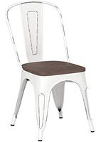Metal Dining Chairs with Wood Seat, Distressing Tolix Style Indoor-Outdoor Stackable Industrial Chair with Back Set of 4 for Kitchen, Dining Room, Bistro and Cafe (White)