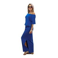 Wrap Maxi Dress Short Sleeve V Neck Floral Flowy Front Slit High Low Women Summer Beach Party Wedding Dress Blue