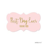 Andaz Press Blush Pink Gold Glitter Print Wedding Collection, Fancy Frame Label Stickers, Best Day Ever Thank You, 36-Pack