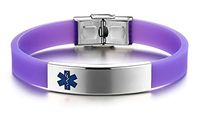 JF.JEWELRY Medical Alert Bracelet for Kids Silicone Band & Stainless Steel Tag Bangle-Purple