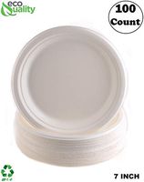 EcoQuality 100% Compostable 7-Inch Plates [100 Count] - Natural SugarCane Biodegradable Compostable Bagasse Bamboo Environmentally Friendly - Plates for Dessert, Appetizers, Birthdays, Microwavable