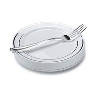" OCCASIONS" Wedding Party Heavyweight Disposable Plastic 6.25'' Silver Rim Plates + Forks set (Dessert/Cake Setting, 60 Settings)