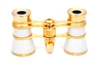 Finissimo Optics 3x25 White Opera Glasses with Red Reading LED Flashlight / Theater Binoculars / with Gold Trim