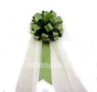 Olive Green Wedding Pull Bows with Tulle Tails - 8" Wide, Set of 6