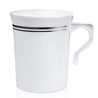[24 Pack] 8 oz. Plastic Coffee Cup with Handle - White Silver Rim Disposable Tea Cups, Soup, Cappuccino Espresso Mug, Hot or Cold Drinks, Wedding Party, Cafe, Ceramic and Glass Dinnerware Alternative