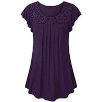 Meikosks Ladies Lace Patchwork Tops Solid Color T Shirt Ruched Short Sleeve Blouses Casual Pullover Purple