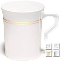 " OCCASIONS" 40 Mugs Pack, Heavyweight Disposable Wedding Party Plastic 8 oz Coffee Mugs/Tea Cups/Cappuccino Cups/Espresso Cup with Handles (8 oz Coffee, White & Gold Rim)