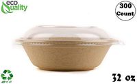 300 Count - EcoQuality 32oz Round Disposable Bowls with Dome Lids Natural Sugarcane Bagasse Bamboo Fibers Sturdy Compostable Eco Friendly Environmental Paper Plastic Bowl Alternative Tree Free