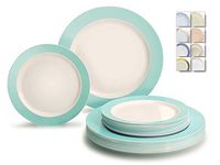 " OCCASIONS" 50 Plates Pack (25 Guests)-Wedding Party Disposable Plastic Plate Set -25x10.5'' Dinner + 25x7.5'' Salad/dessert plates (Rio, White & Pearled Turquoise Blue)
